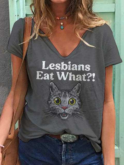 Women's Lesbians Eat What? Casual Print V-neck Casual T-Shirt