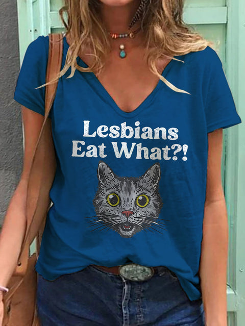 Women's Lesbians Eat What? Casual Print V-neck Casual T-Shirt