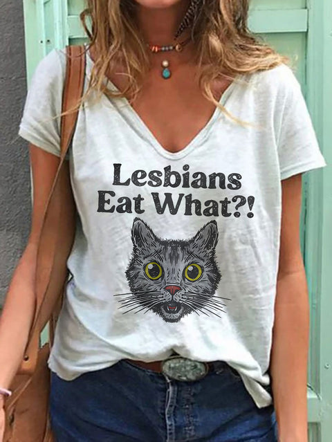 Women's Lesbians Eat What? Casual Print V-neck Casual T-Shirt