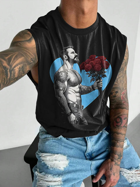 Heart and Roses Romantic Shirtless Man LGBTQ Gay Rainbow Print Men's  Wide Shoulder Vest