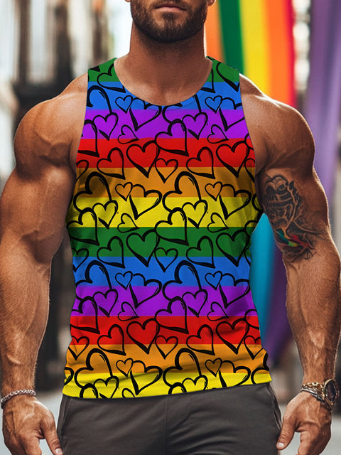 Gradient Stripes Heart LGBTQ Gay Rainbow Print Men's Tank Top