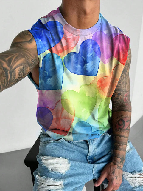 Watercolour Heart Smudge LGBTQ Gay Rainbow Print Men's  Wide Shoulder Vest