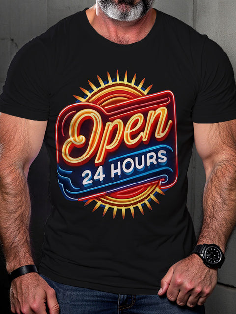 Playful Open 24 Hours Neon LGBTQ Gay Rainbow Print T-shirt