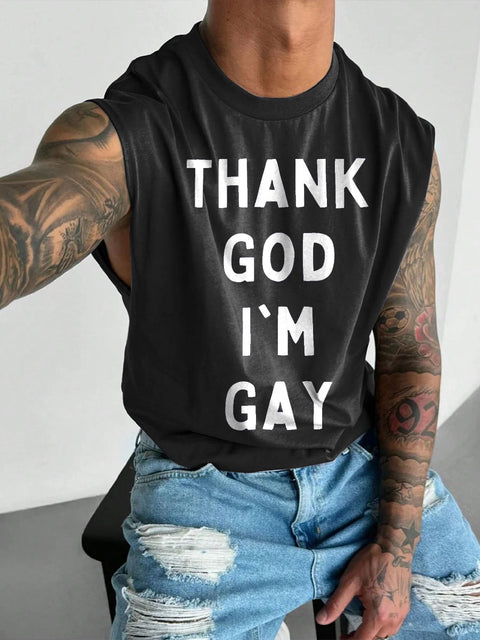 THANK GOD I'm GAY Rainbow LGBTQ Gay Print Men's  Wide Shoulder Vest