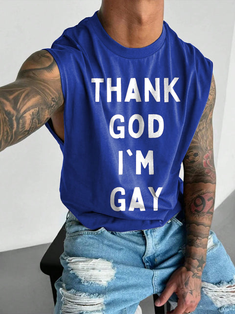 THANK GOD I'm GAY Rainbow LGBTQ Gay Print Men's  Wide Shoulder Vest