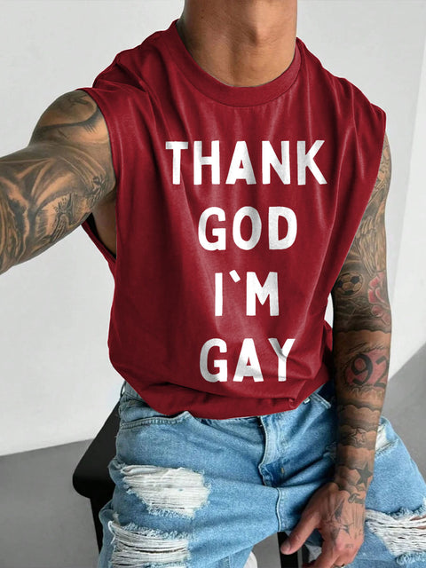 THANK GOD I'm GAY Rainbow LGBTQ Gay Print Men's  Wide Shoulder Vest