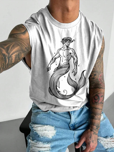 Black line Male mermaid Rainbow Men's LGBTQ Gay Print Wide Shoulder Vest