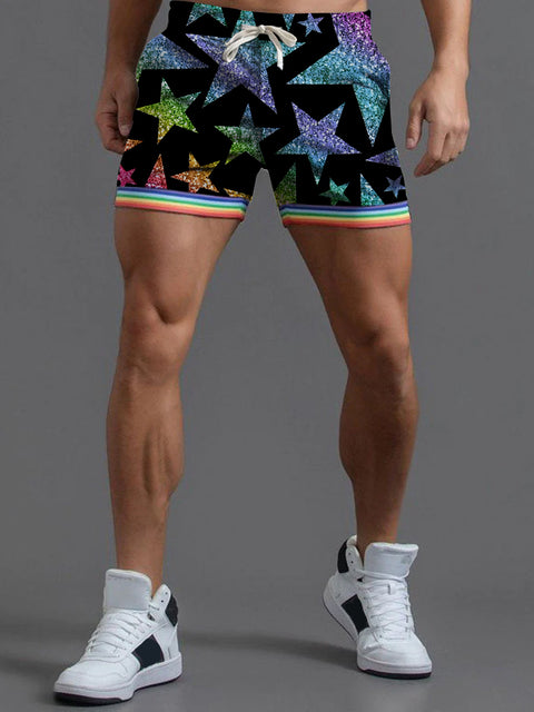 Rainbow Shiny Gradient star LGBTQ Gay Men's Print Beach Shorts