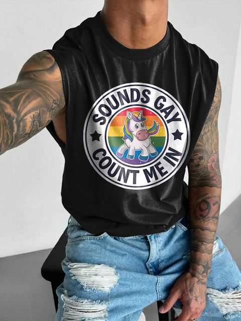 Sounds Gay Men's Rainbow Horse LGBTQ Gay Print Wide Shoulder Vest