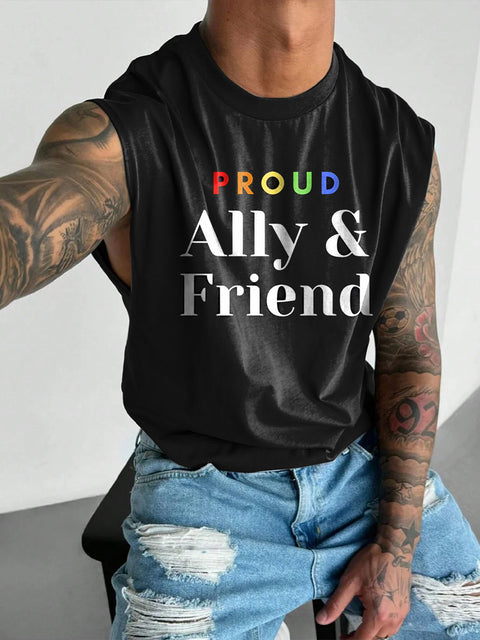 Proud Ally Frind Men's Rainbow LGBTQ Gay Print Wide Shoulder Vest