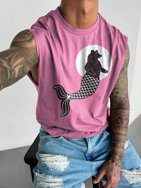 Pink Mermaid Merman Bear Men's Rainbow LGBTQ Gay Print Wide Shoulder Vest
