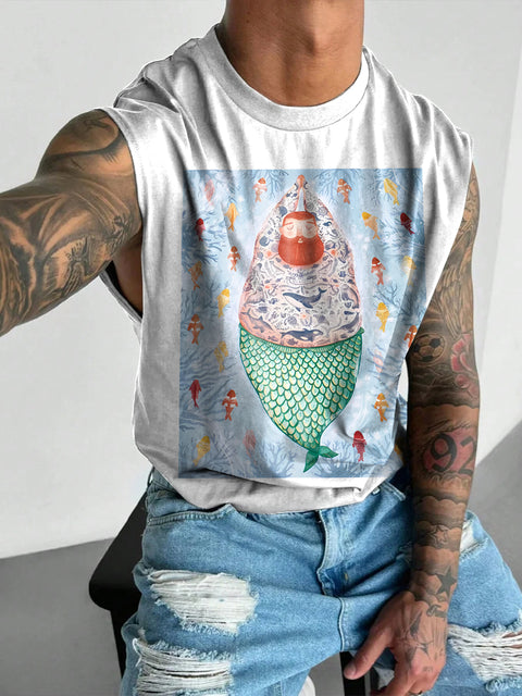 Cartoon Male Mermaid Rainbow Men's LGBTQ Gay Print Wide Shoulder Vest