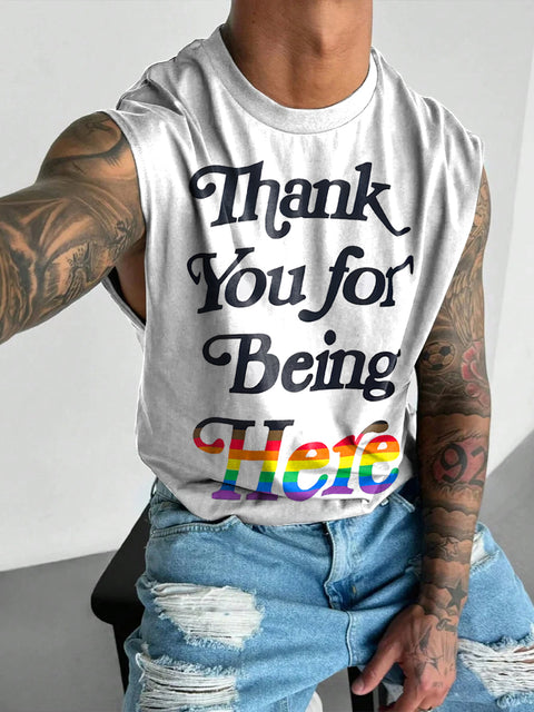 Thank you for being HERE Rainbow Men's LGBTQ Gay Print Wide Shoulder Vest