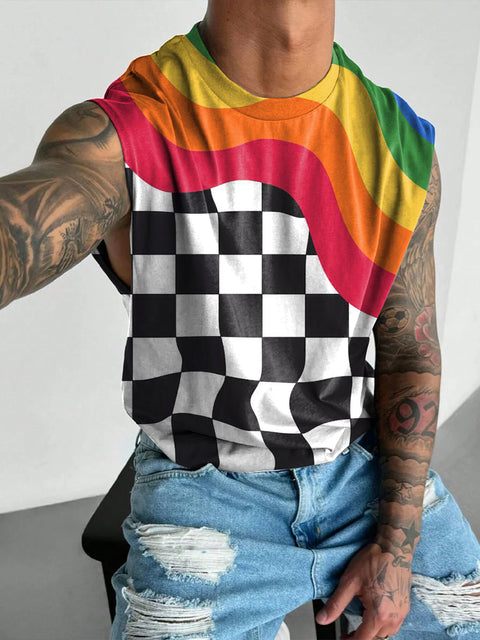 Rainbow Arc line Black and white grid Men's LGBTQ Gay Print Wide Shoulder Vest