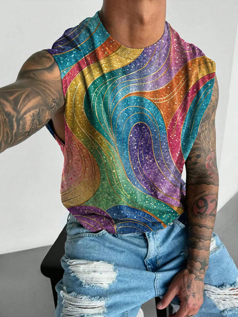 Rainbow Arc wave Gradient Gold Men's Gay LGBTQ Print Wide Shoulder Vest