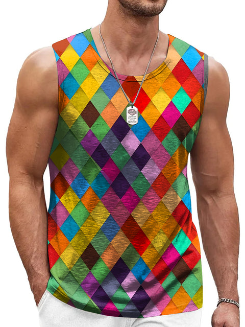 Rainbow Rhombic grid Men's Gay LGBTQ Print Tank Top