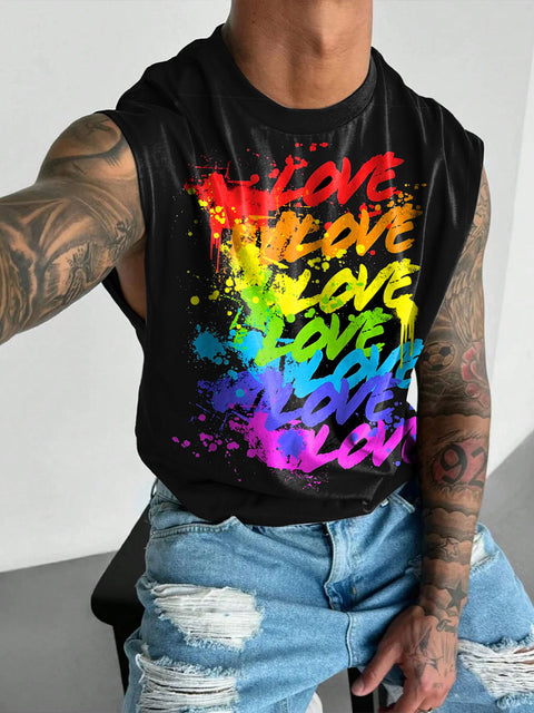 Rainbow Love Repeat Men's Gay LGBTQ Print Wide Shoulder Vest
