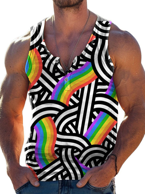Rainbow Stripes Arc line Men's Gay LGBTQ Print Wide Shoulder Vest