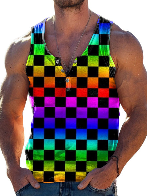 Men's Rainbow Gradient grid LGBTQ Gay Print Wide Shoulder Vest