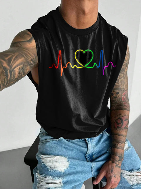 Rainbow Love Electrocardiogram Men's Gay LGBTQ Print Wide Shoulder Vest