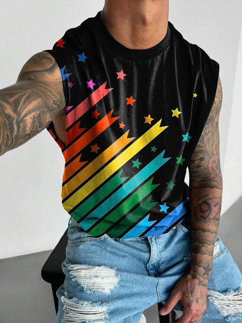 Rainbow Star Stripes Men's Gay LGBTQ Print Wide Shoulder Vest