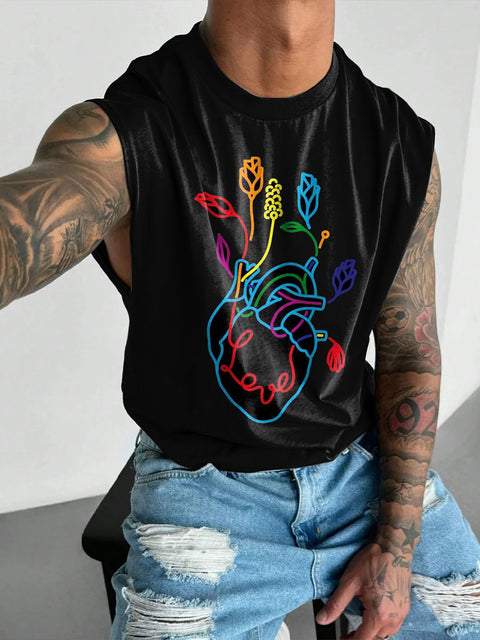 Rainbow Heart Flowers Flower bud Men's Gay LGBTQ Print Wide Shoulder Vest