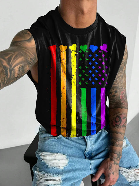 Rainbow Love Striped flag Men's Gay LGBTQ Print Wide Shoulder Vest