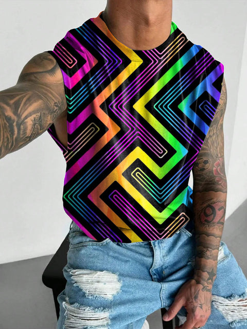 Rainbow Gradient line Men's Gay LGBTQ Print Wide Shoulder Vest