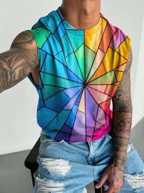 Rainbow Gradient triangular splicing Men's Gay LGBTQ Print Wide Shoulder Vest