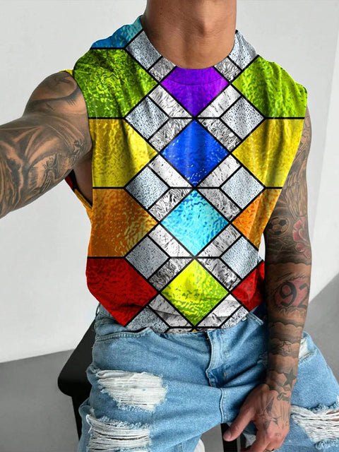 Rainbow Geometric lattice water ripples Men's Gay LGBTQ Print Wide Shoulder Vest