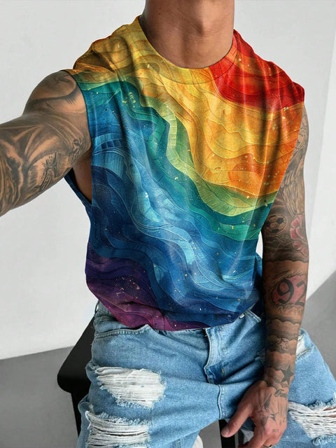 Rainbow Gradient water ripple Men's Gay LGBTQ Print Wide Shoulder Vest