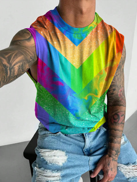 Rainbow Gradient stripe splicing Men's Gay LGBTQ Print Wide Shoulder Vest