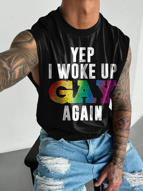 Woke Up Gay Rainbow Men's Gay LGBTQ Print Wide Shoulder Vest