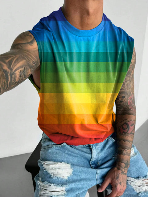 Rainbow Color block grid Men's Gay LGBTQ Print Wide Shoulder Vest