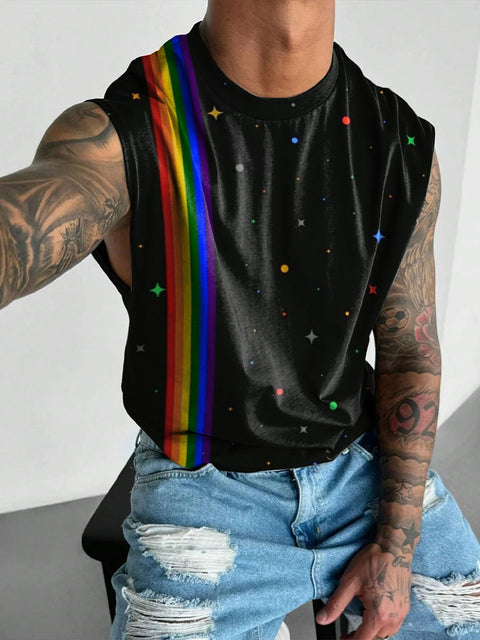 Rainbow Striped Planet Men's Gay LGBTQ Print Wide Shoulder Vest