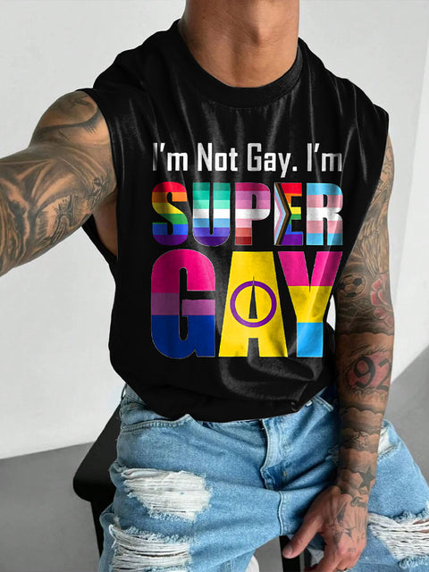 SUPER GAY Rainbow Men's Gay LGBTQ Print Wide Shoulder Vest