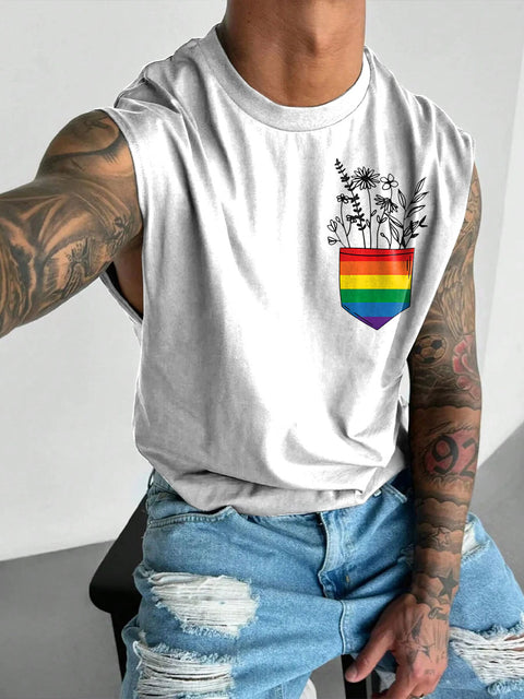 Rainbow Striped pocket flowers Print Men's Gay LGBTQ Wide Shoulder Vest