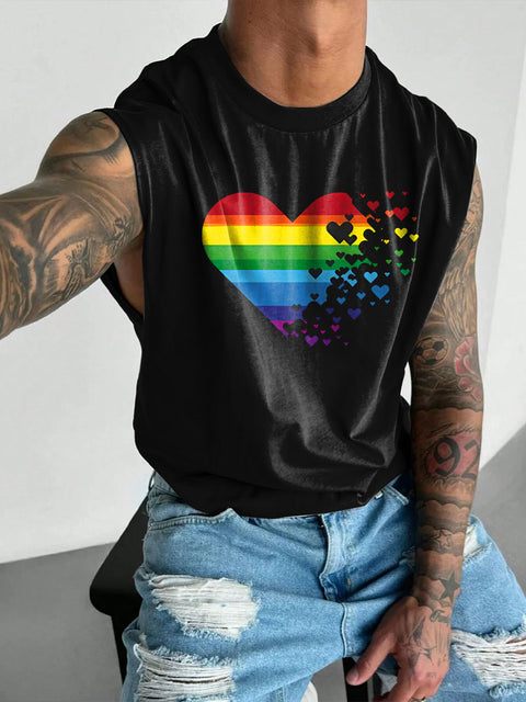 Rainbow Striped heart love Men's Gay LGBTQ Print Wide Shoulder Vest