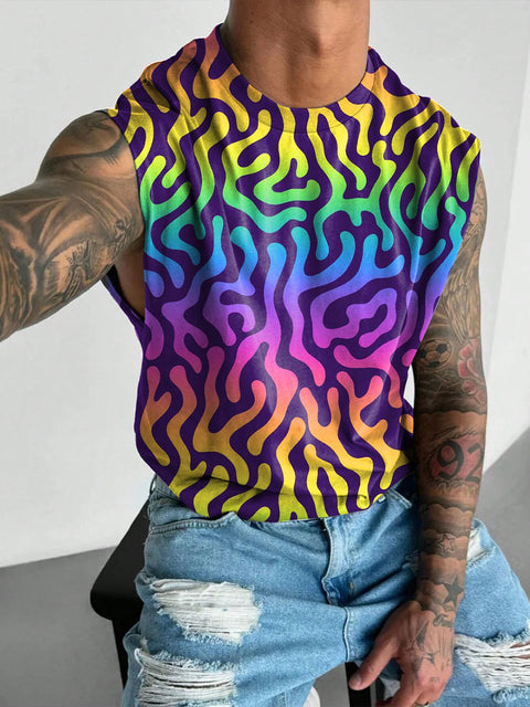 Rainbow Gradient line Abstract Men's Gay LGBTQ Print Wide Shoulder Vest