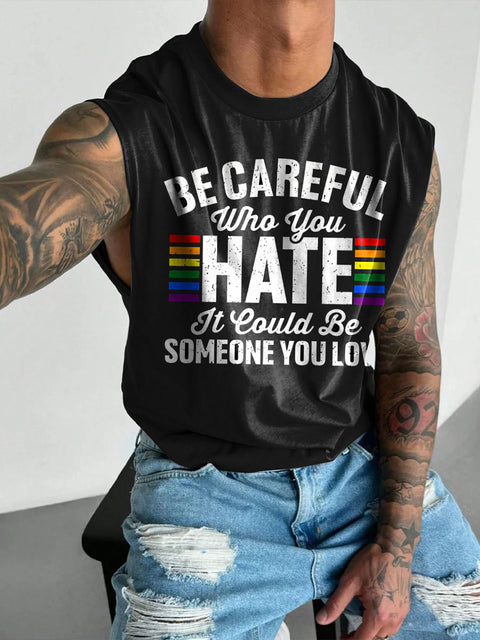 Be Careful Rainbow Men's Gay LGBTQ Print Wide Shoulder Vest
