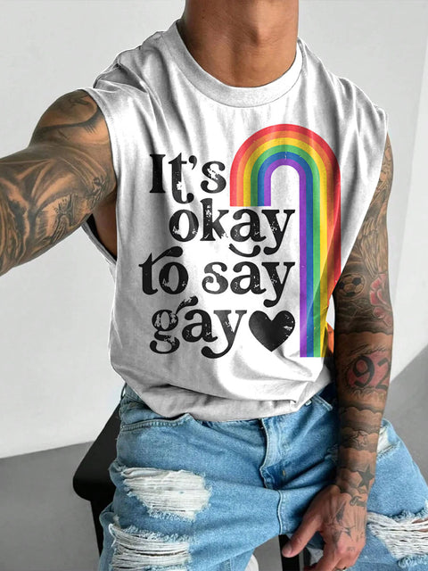 Say Gay Rainbow Men's Gay LGBTQ Print Wide Shoulder Vest