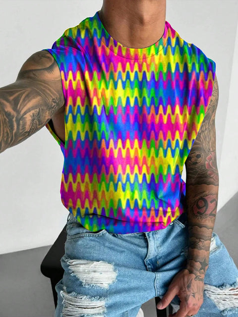Rainbow Gradient wave Men's Gay LGBTQ Print Wide Shoulder Vest