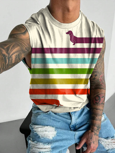 Rainbow Stripes Dachshund dog Men's LGBTQ Gay Print Wide Shoulder Vest
