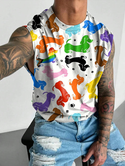 Rainbow Dachshund dog Men's Gay LGBTQ Print Wide Shoulder Vest