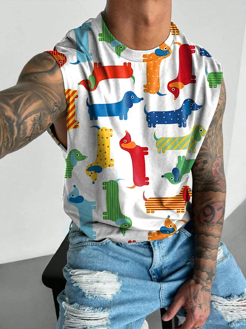 Cartoon Dachshund dog Rainbow Men's Gay LGBTQ Print Wide Shoulder Vest