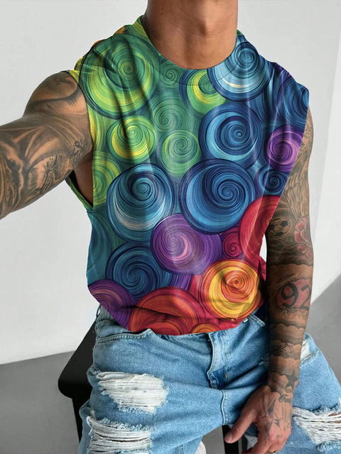 Rainbow Gradient spiral circle Men's Gay LGBTQ Print Wide Shoulder Vest