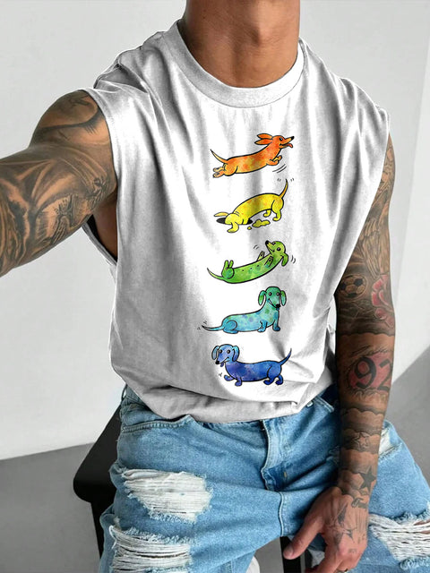 Rainbow Watercolor dachshund Men's Gay LGBTQ Print Wide Shoulder Vest