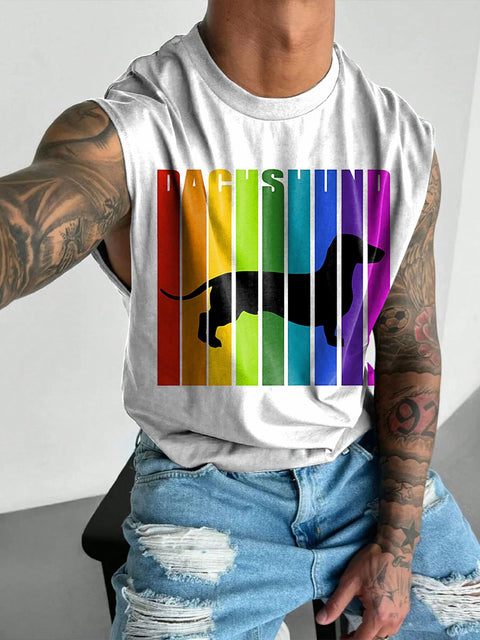 Rainbow Stripes Dachshund Men's Gay LGBTQ Print Wide Shoulder Vest