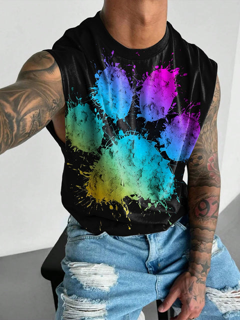 Rainbow Gradient Dog paw Men's Gay LGBTQ Print Wide Shoulder Vest