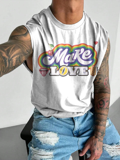 Make Love Fun Pride Rainbow Men's Gay LGBTQ Print Wide Shoulder Vest